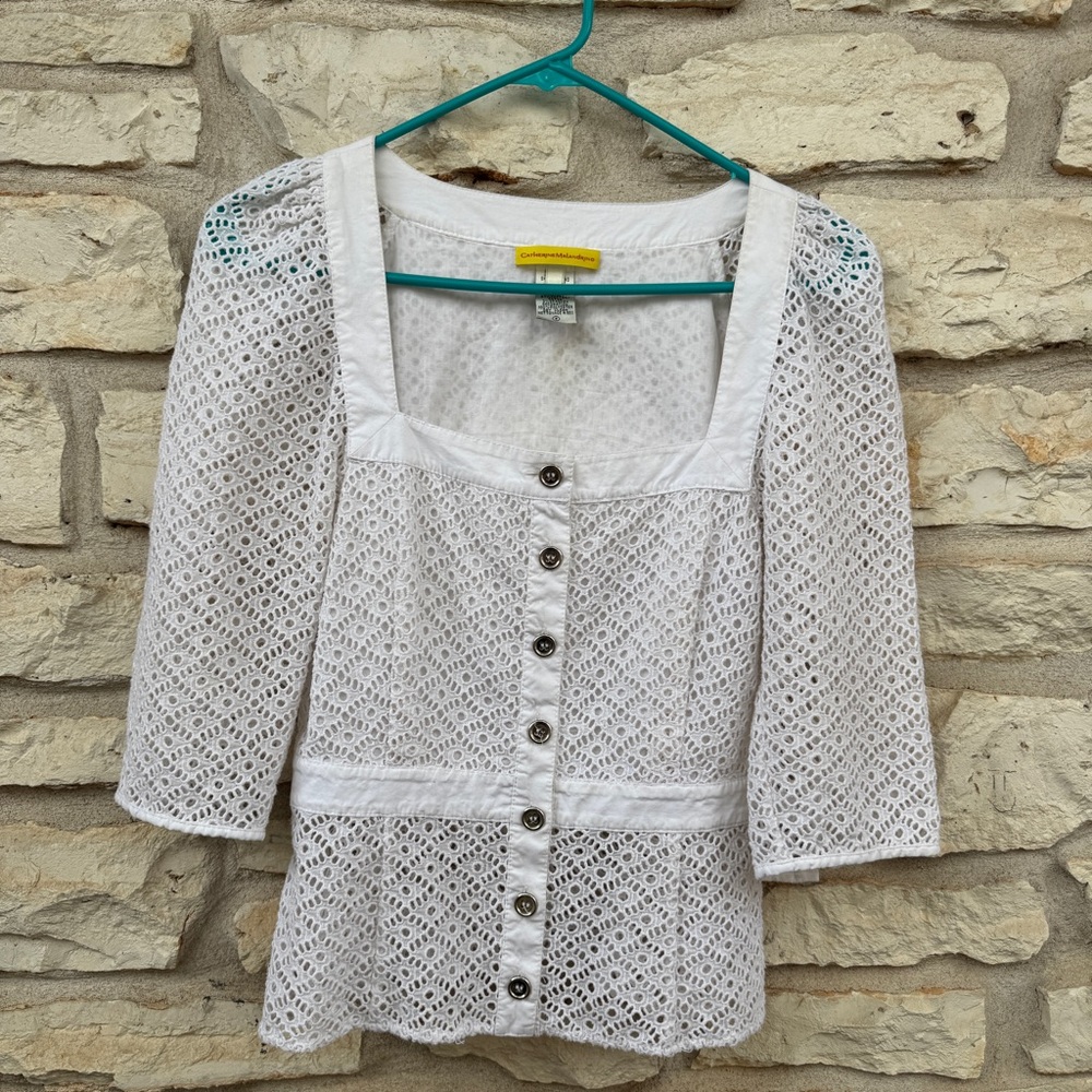 Catherine Malandrino White Eyelet Button-Up Blouse